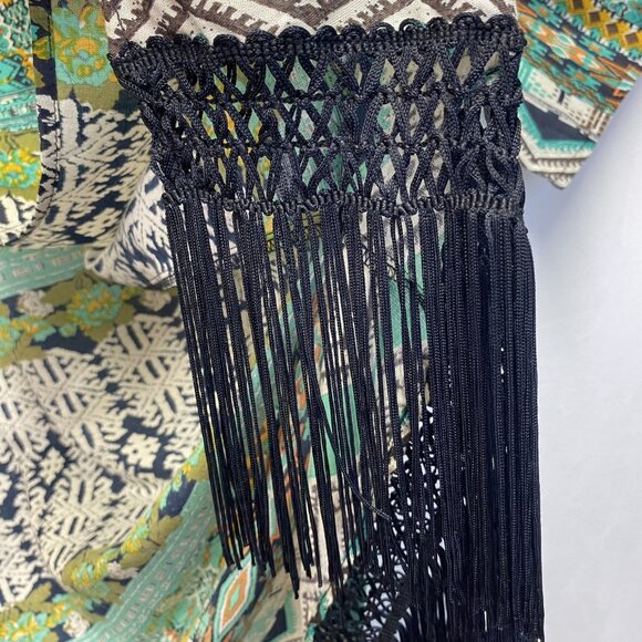 Dizzy Lizzy Bohemian Aztec Fringe Hem Open Front Cardigan Women Small Multicolor - Picture 14 of 15